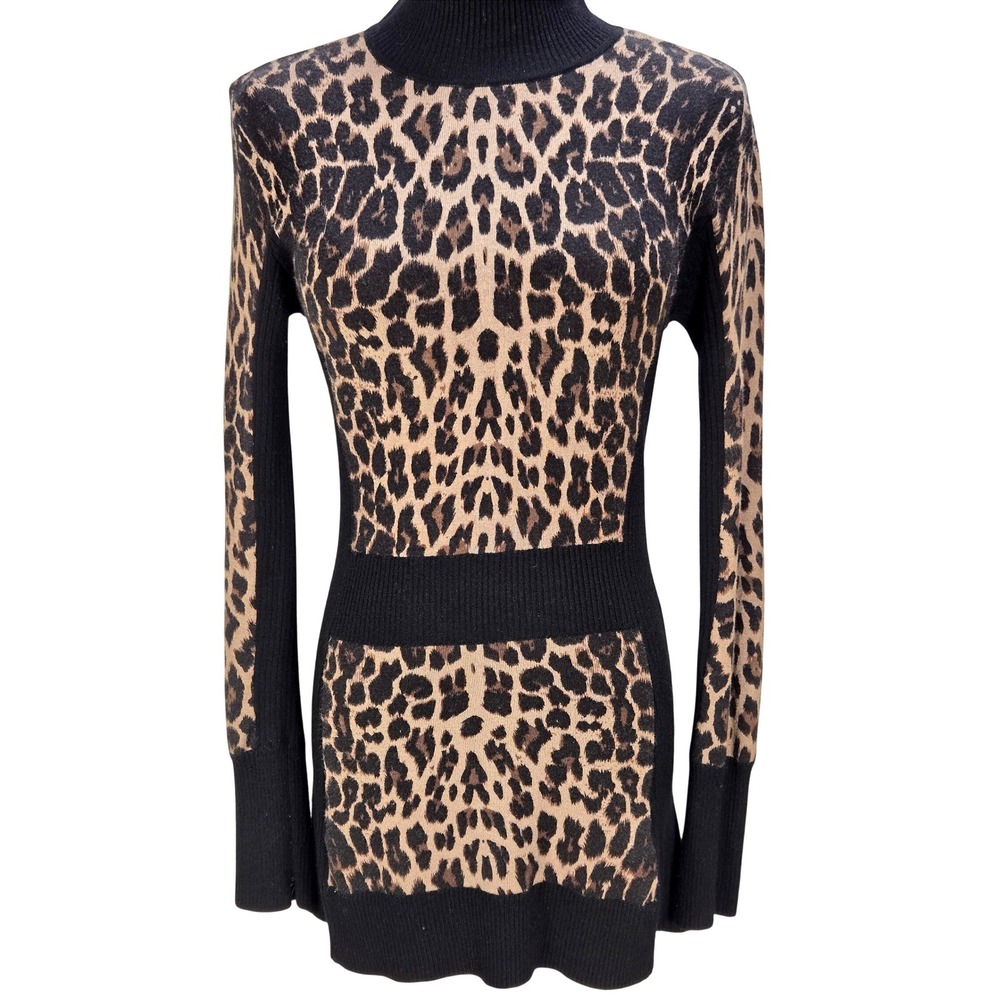 Women's Cache Small Leopard Print Mock‎ Neck Knit Top Back Zip Sweater